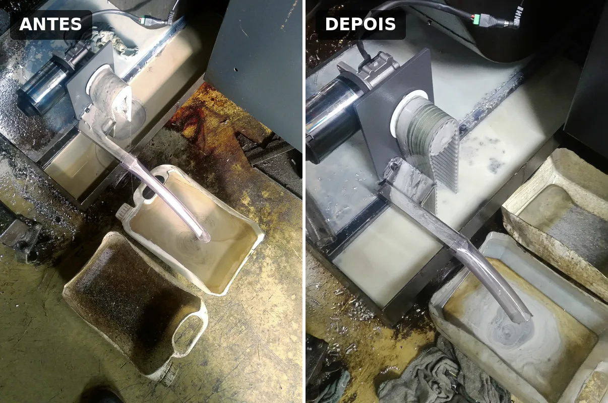 Tanque de fluido refrigerante de máquina CNC antes e depois da remoção do óleo de barramento com skimmer de fita Tecwag